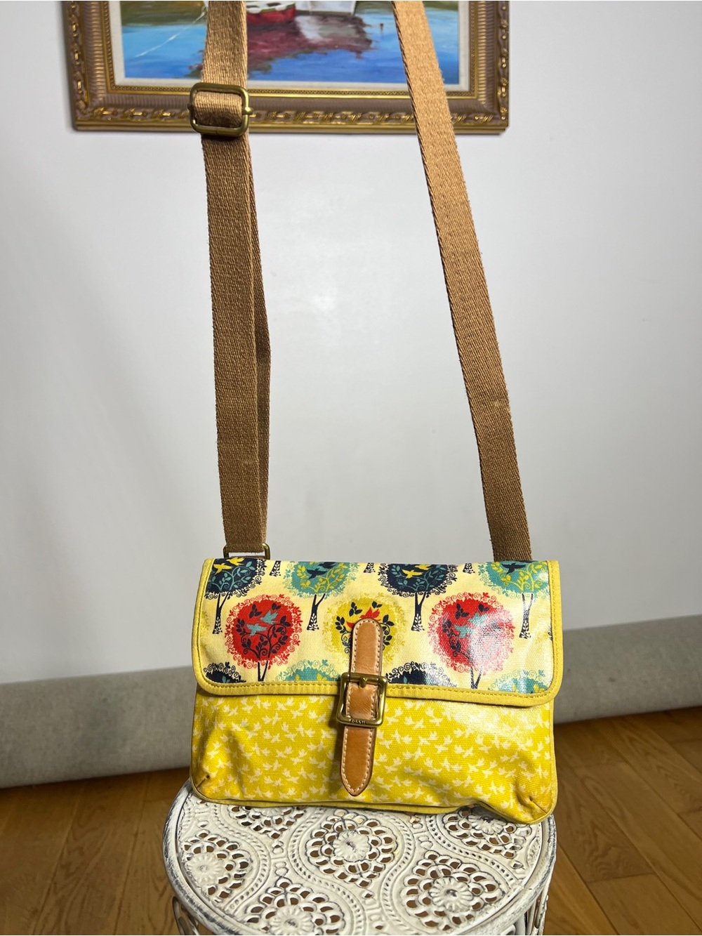 Fossil Yellow Floral Crossbody Bag with Brown Strap